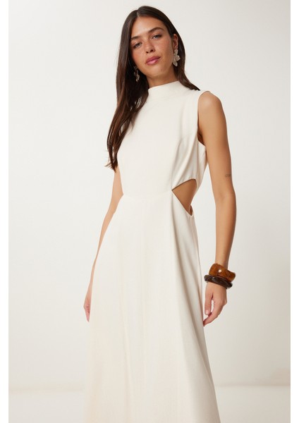 Cut Out Detaylı Keten Elbise Krem LFG0005 fırsatları