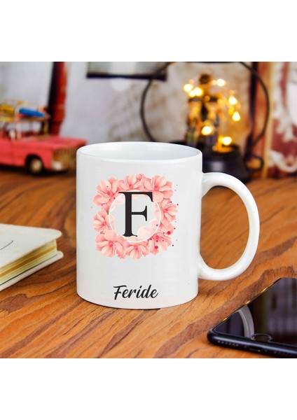 Kişiye Özel Pembe Çiçek Tasarımlı Seramik Kupa Bardak
