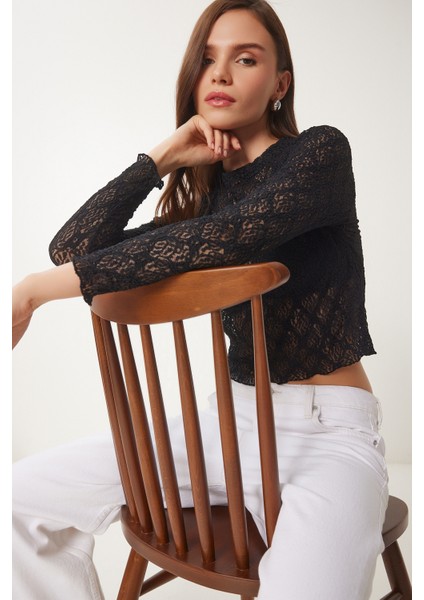 Dantelli Esnek Örme Bluz Siyah LCR0054 fiyatları