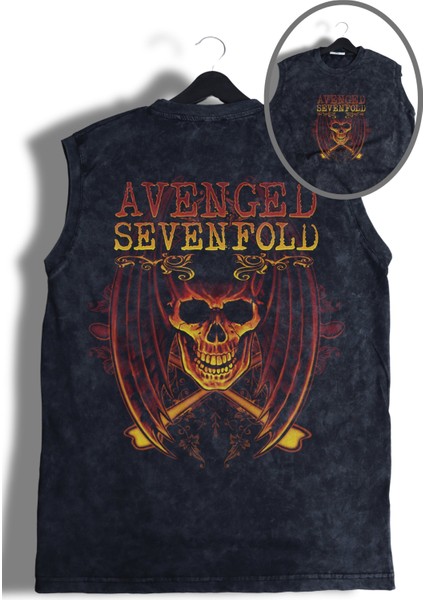 Rock Band Avenged Sevenfold Sırt Baskılı Yıkamalı Bisiklet Yaka Kolsuz Tişört