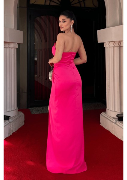 Saten Kumaş Büzgü Detaylı Straplez Abiye Elbise - Fuşya indirimleri