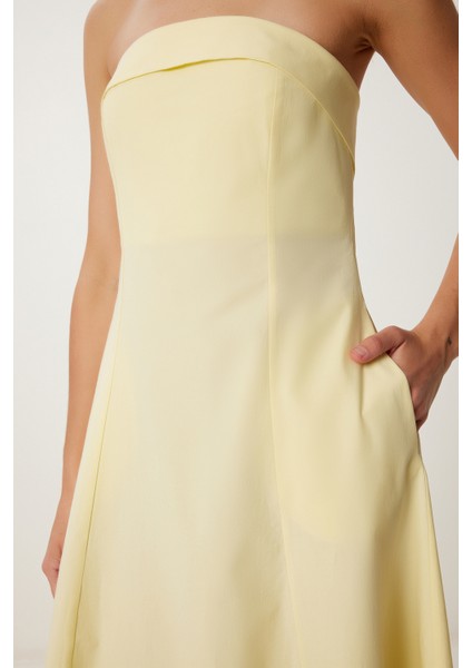 Straplez Midi Popin Elbise Sarı LFK0009