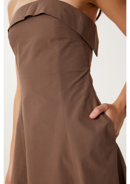 Straplez Midi Popin Elbise Kahverengi LFK0009