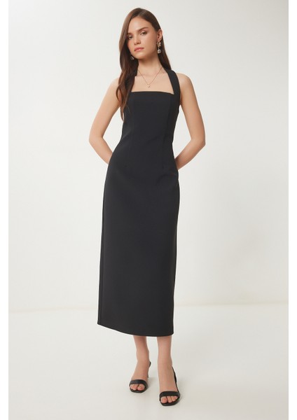 Halter Yaka Midi Dokuma Elbise Siyah LFK0005