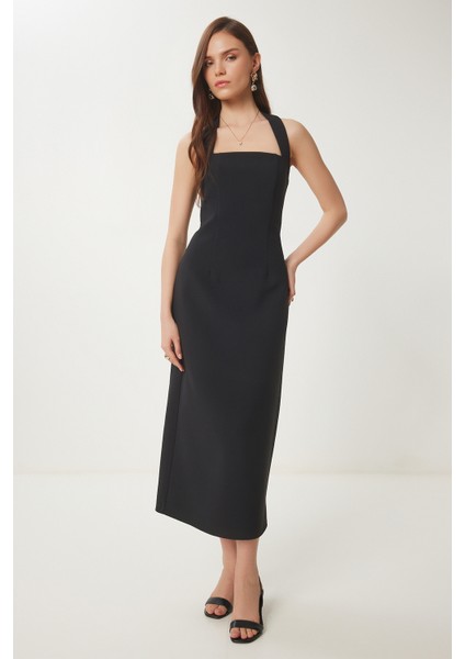Halter Yaka Midi Dokuma Elbise Siyah LFK0005