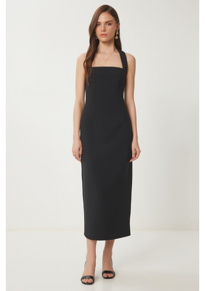 Halter Yaka Midi Dokuma Elbise Siyah LFK0005