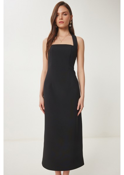 Halter Yaka Midi Dokuma Elbise Siyah LFK0005