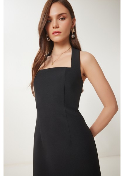 Halter Yaka Midi Dokuma Elbise Siyah LFK0005