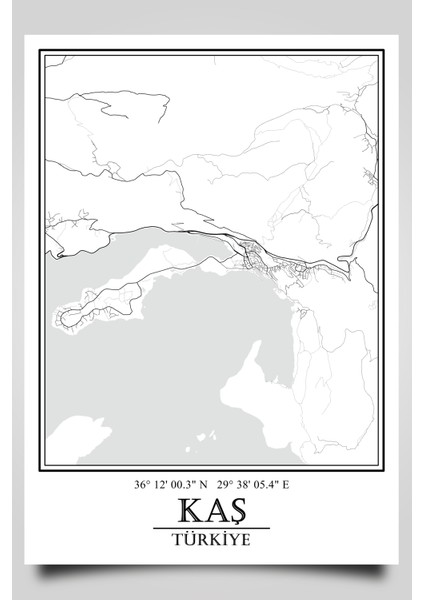 Kaş Şehir Haritası Çerçevesiz Poster-Harita Sanatı, Map Art Design