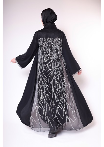 Üç Parçalı Desenli Şifon Işlemeli Siyah Uzun Takım - Abaya, Elbise, ve Kemer Seti