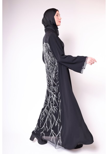 Üç Parçalı Desenli Şifon Işlemeli Siyah Uzun Takım - Abaya, Elbise, ve Kemer Seti