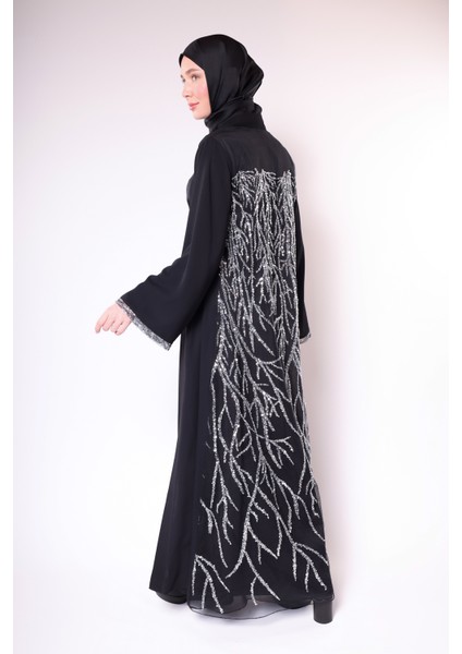 Üç Parçalı Desenli Şifon Işlemeli Siyah Uzun Takım - Abaya, Elbise, ve Kemer Seti