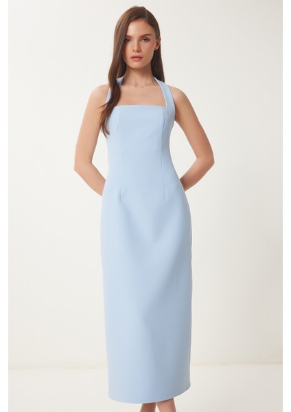 Halter Yaka Midi Dokuma Elbise Gök Mavi LFK0005