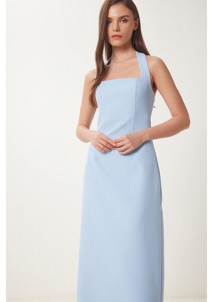 Halter Yaka Midi Dokuma Elbise Gök Mavi LFK0005