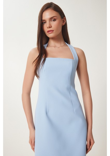 Halter Yaka Midi Dokuma Elbise Gök Mavi LFK0005