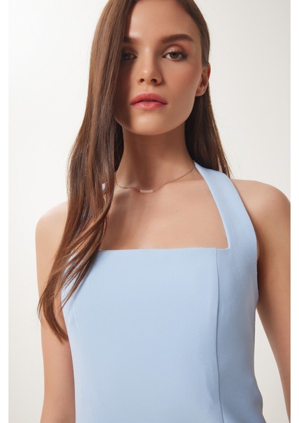Halter Yaka Midi Dokuma Elbise Gök Mavi LFK0005
