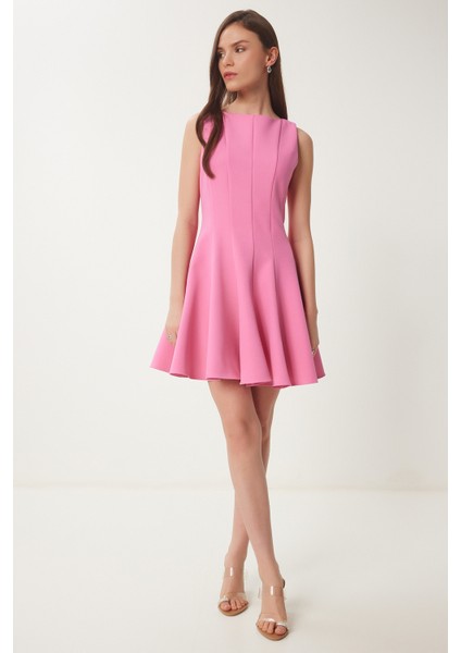 Uçuşan Etkili Mini Dokuma Elbise Pembe LFK0004