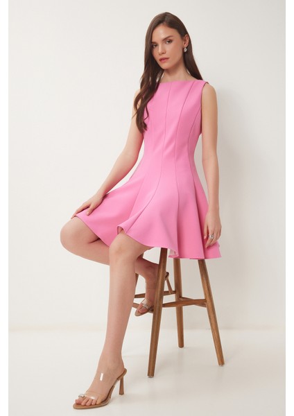 Uçuşan Etkili Mini Dokuma Elbise Pembe LFK0004
