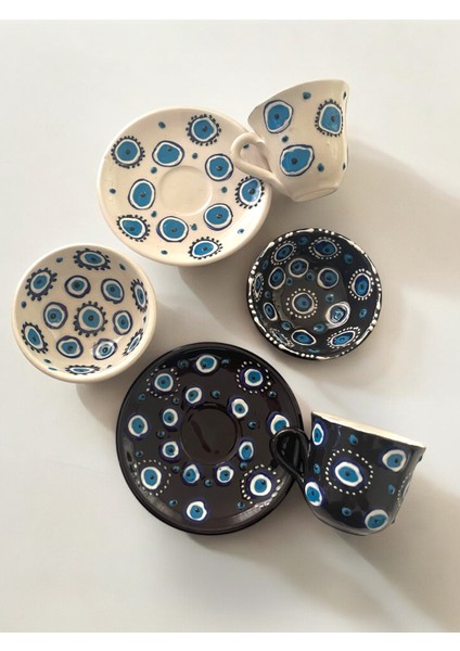 Dekoratif 2 Kişilik Siyah ve Beyaz Şık Lale Çini Tasarımlı Tamamen El Yapımı Kahve Fincanı ve 10 cm Sosluk fırsatları