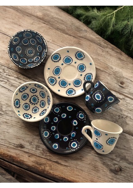 Dekoratif 2 Kişilik Siyah ve Beyaz Şık Lale Çini Tasarımlı Tamamen El Yapımı Kahve Fincanı ve 10 cm Sosluk indirimleri