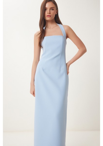 Halter Yaka Midi Dokuma Elbise Gök Mavi LFK0005 modelleri
