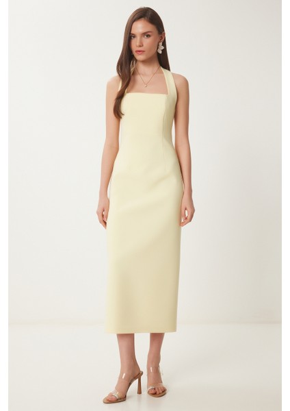 Halter Yaka Midi Dokuma Elbise Sarı LFK0005