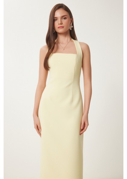 Halter Yaka Midi Dokuma Elbise Sarı LFK0005