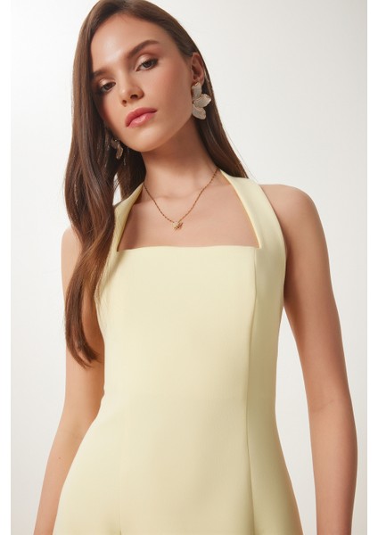 Halter Yaka Midi Dokuma Elbise Sarı LFK0005