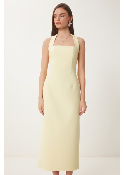 Halter Yaka Midi Dokuma Elbise Sarı LFK0005