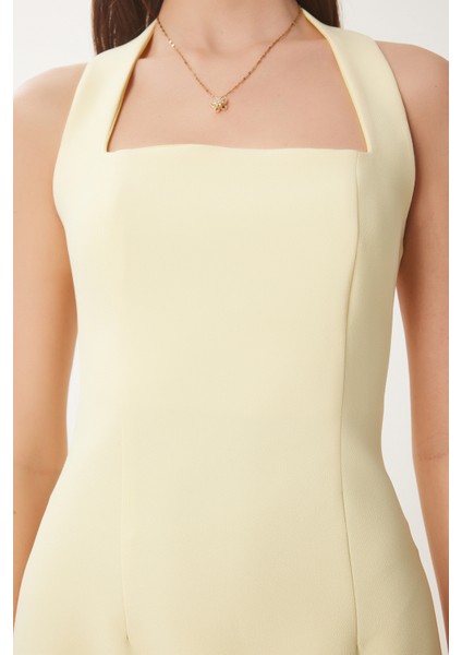 Halter Yaka Midi Dokuma Elbise Sarı LFK0005
