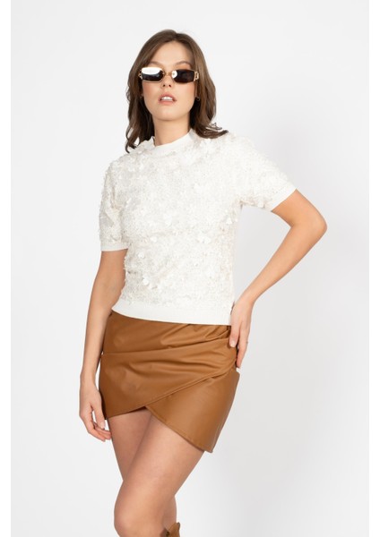Rtd&vld Kadın VITA-181 Flow Simli Çiçekli Kısa Kollu Triko Bluz Ekru