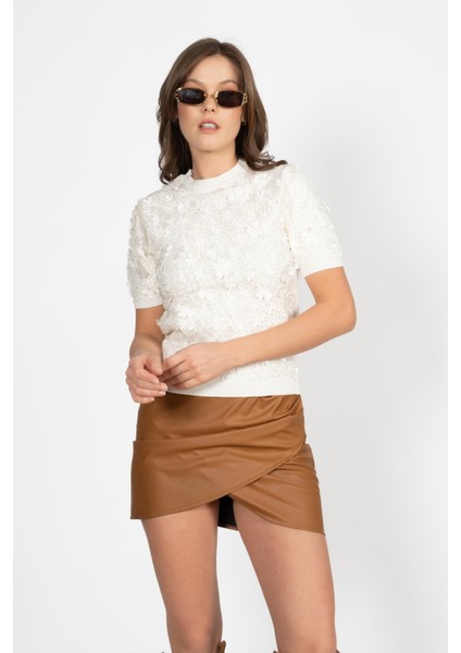 Rtd&vld Kadın VITA-181 Flow Simli Çiçekli Kısa Kollu Triko Bluz Ekru fiyatları