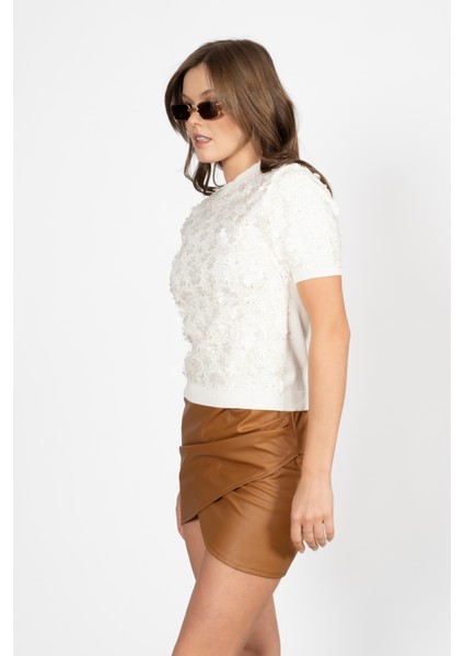 Rtd&vld Kadın VITA-181 Flow Simli Çiçekli Kısa Kollu Triko Bluz Ekru modelleri