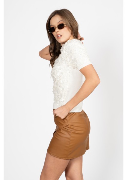 Rtd&vld Kadın VITA-181 Flow Simli Çiçekli Kısa Kollu Triko Bluz Ekru fırsatları