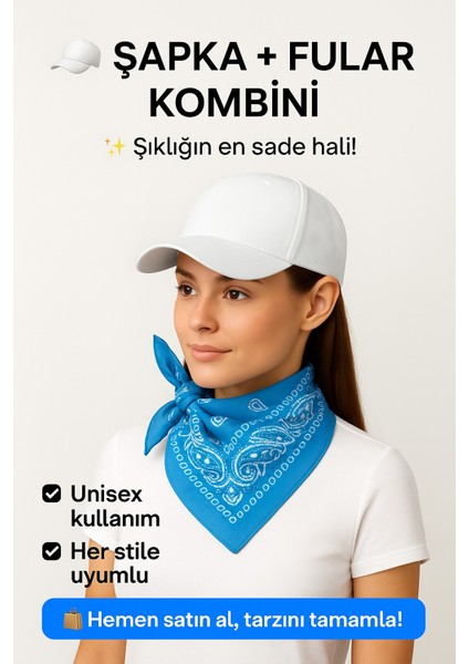 Akdem - Beyaz Kasket Spor Şapka + Renk Seçenekli % 100 Pamuk Paisley Desenli Fular Seti