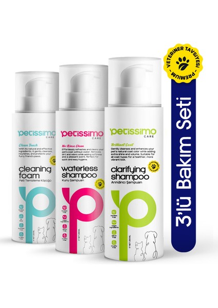 3'lü Süper Temizlik Seti - Arındırıcı Şampuan - Kuru Şampuan - Pati Temizleme Köpüğü