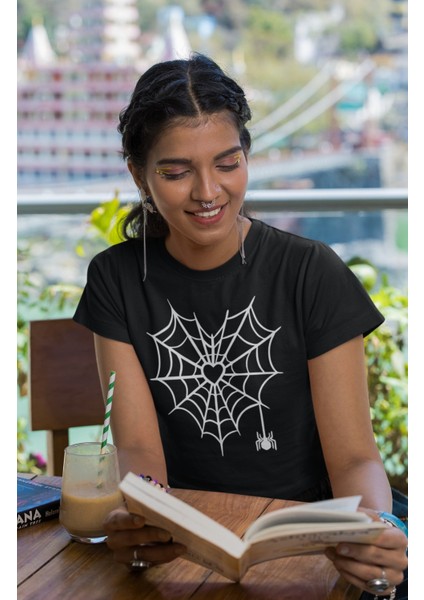 Kalp Örümcek Baskılı Crop Top, Kadın Spider Temalı Crop Bluz