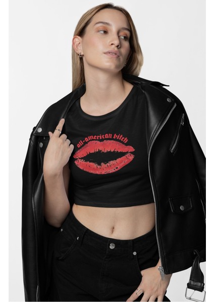 All-American Bitch Baskılı Crop Top, Kadın Olivia Rodrigo Baskılı Crop Bluz