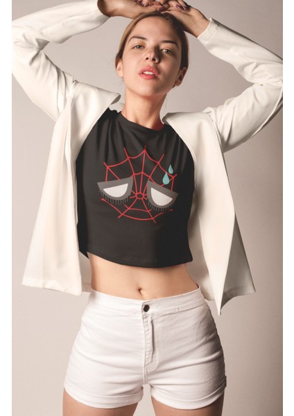 Üzgün Örümcek Surat Baskılı Crop Top, Kadın Spider Evreni Temalı Crop Bluz