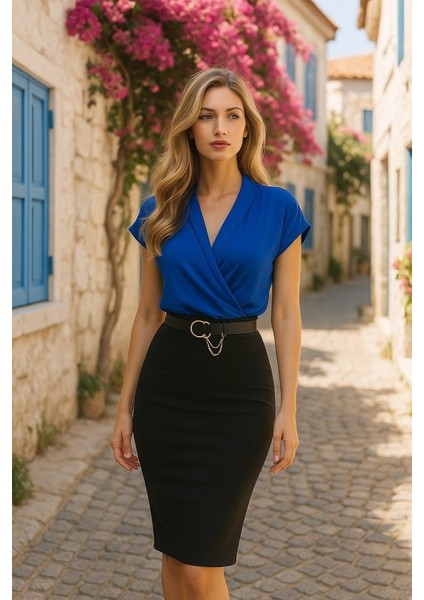 Kadın Kısa Kollu Kruvaze Yaka Krep Elbise (Kemersiz) fiyatları
