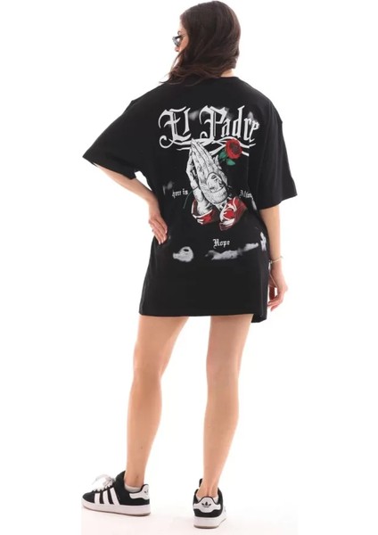 Unisex Bisiklet Yaka Baskılı Oversize T-Shirt - Siyah