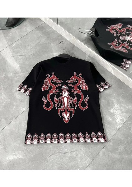 Unisex Bisiklet Yaka Baskılı Oversize T-Shirt - Siyah fiyatları