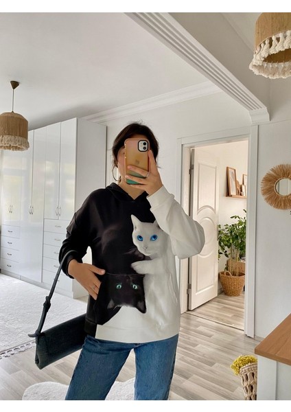 Kadın Uzun Kollu Kapşonlu Bağcıklı Kedi Desenli Şardonlu Dalgıç Bluz