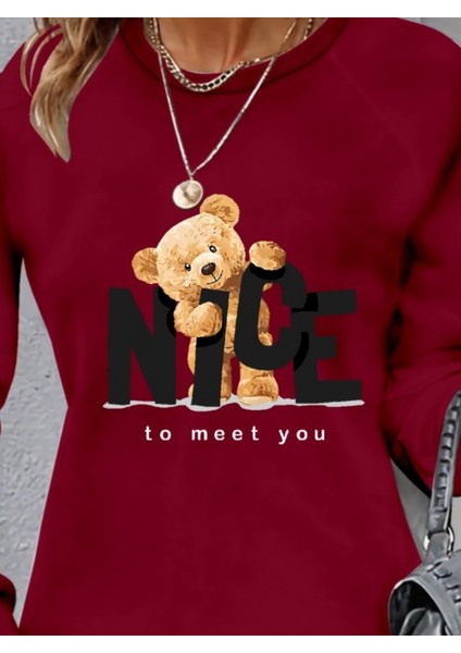 Kadın Uzun Kollu Bisiklet Yaka Ayı Desenli Viskon Iki Iplik Elbise