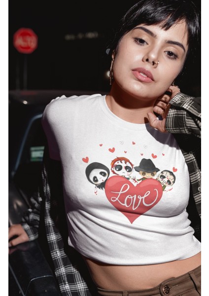 Love Yazılı Crop Top, Kadın Korku Film Halloween Temalı Crop Bluz