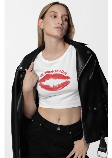All-American Bitch Baskılı Crop Top, Kadın Olivia Rodrigo Baskılı Crop Bluz