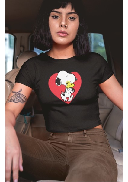 Kalpli Snopy Baskılı Crop Top, Kadın Çizgi Temalı Crop Bluz