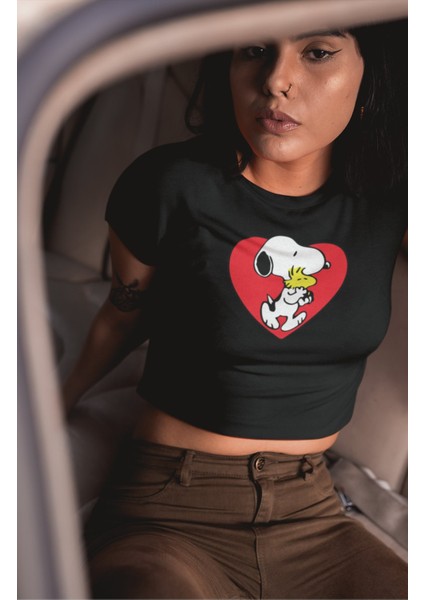 Kalpli Snopy Baskılı Crop Top, Kadın Çizgi Temalı Crop Bluz