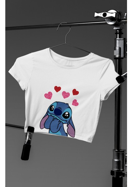 Sevimli Stich Baskılı Crop Top, Kadın Çizgi Film Temalı Crop Bluz