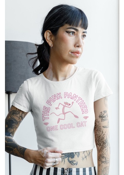 The Pink Panther One Cool Cat Yazılı Crop Top, Kadın Pembe Panter Temalı Crop Bluz